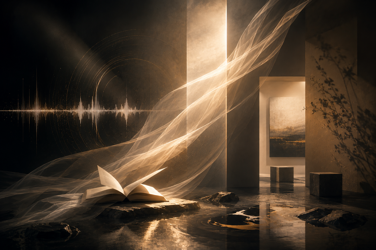 A book open in a light-filled chamber as a veil of sound and light moves through the room